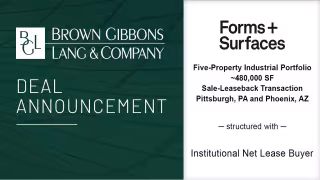 BGL Closes Sale-Leaseback of Forms+Surfaces' 480,000-SF Portfolio